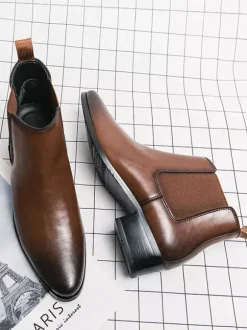 Mens Chelsea Short Boots Pointed Burnished Toe Leather Elastic Band Slip On Anti-slip Waterproof Casual Boots