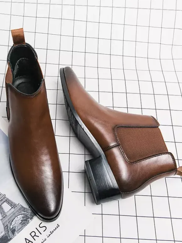 Mens Chelsea Short Boots Pointed Burnished Toe Leather Elastic Band Slip On Anti-slip Waterproof Casual Boots