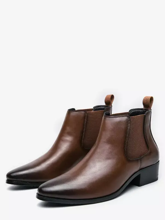 Mens Chelsea Short Boots Pointed Burnished Toe Leather Elastic Band Slip On Anti-slip Waterproof Casual Boots