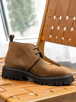 Mens Chukka Boots Chunky Sole Round-Toe Suede Leather Ankle Boots