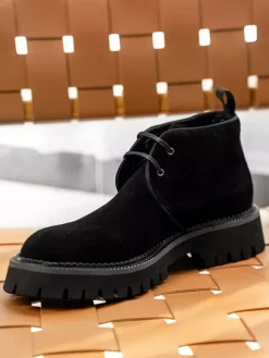 Mens Chukka Boots Chunky Sole Round-Toe Suede Leather Ankle Boots
