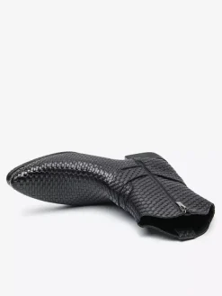 Mens Cowboy Boots Pointed Toe Low Heel Woven Leather Ankle Boots