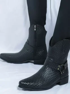 Mens Cowboy Boots Pointed Toe Low Heel Woven Leather Ankle Boots