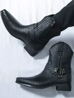 Mens Cowboy Boots Pointed Toe Low Heel Woven Leather Ankle Boots