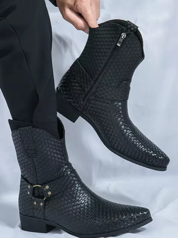 Mens Cowboy Boots Pointed Toe Low Heel Woven Leather Ankle Boots
