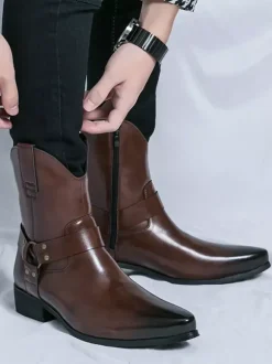 Mens Cowboy Boots Pointed Toe Leather Low Heel Button Accents Ankle Boots