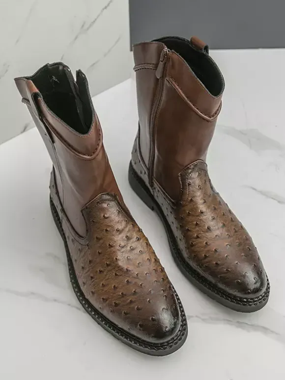 Mens Cowboy Boots Round-Toe Low Heel Pull-On Ankle Boots With Side Zipper
