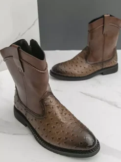 Mens Cowboy Boots Round-Toe Low Heel Pull-On Ankle Boots With Side Zipper