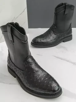 Mens Cowboy Boots Round-Toe Low Heel Pull-On Ankle Boots With Side Zipper