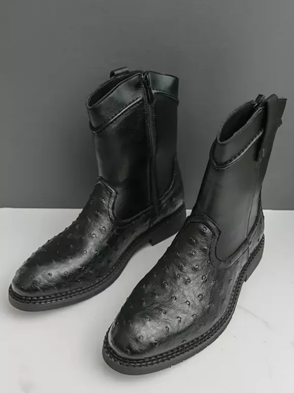 Mens Cowboy Boots Round-Toe Low Heel Pull-On Ankle Boots With Side Zipper