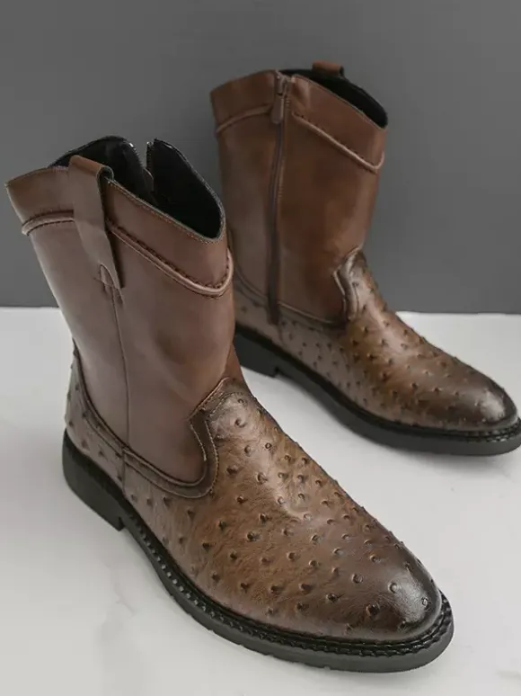 Mens Cowboy Boots Round-Toe Low Heel Pull-On Ankle Boots With Side Zipper
