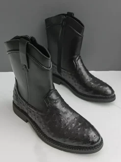 Mens Cowboy Boots Round-Toe Low Heel Pull-On Ankle Boots With Side Zipper