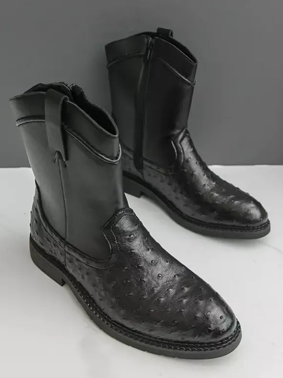 Mens Cowboy Boots Round-Toe Low Heel Pull-On Ankle Boots With Side Zipper