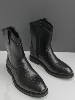 Mens Cowboy Boots Round-Toe Low Heel Pull-On Ankle Boots With Side Zipper