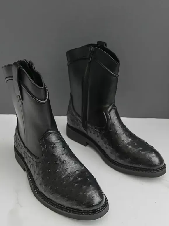 Mens Cowboy Boots Round-Toe Low Heel Pull-On Ankle Boots With Side Zipper