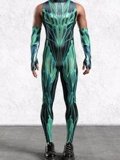 Mens Cyberpunk Bodysuit Optical Illusion Print Tattoo Jumpsuit