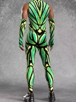 Mens Cyberpunk Bodysuit Optical Illusion Print Tattoo Jumpsuit