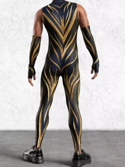 Mens Cyberpunk Bodysuit Optical Illusion Print Tattoo Jumpsuit