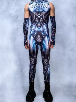 Mens Cyberpunk Bodysuit Optical Illusion Print Tattoo Jumpsuit