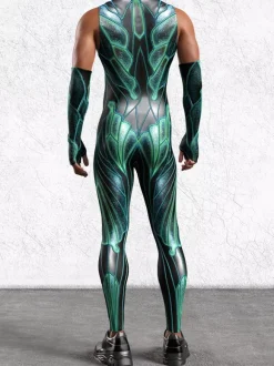 Mens Cyberpunk Bodysuit Optical Illusion Print Tattoo Jumpsuit