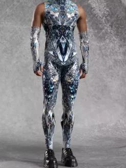 Mens Cyberpunk Bodysuit Optical Illusion Print Tattoo Jumpsuit