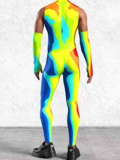 Mens Cyberpunk Bodysuit Optical Illusion Print Tattoo Jumpsuit