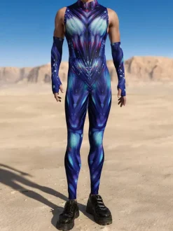 Mens Cyberpunk Bodysuit Optical Illusion Print Tattoo Jumpsuit