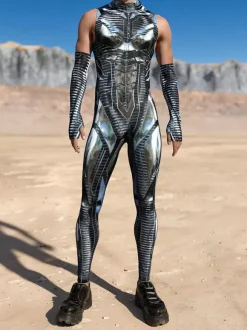 Mens Cyberpunk Bodysuit Optical Illusion Print Tattoo Jumpsuit