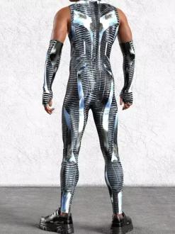 Mens Cyberpunk Bodysuit Optical Illusion Print Tattoo Jumpsuit