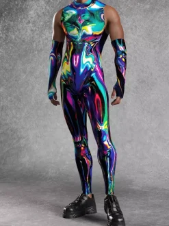 Mens Cyberpunk Bodysuit Optical Illusion Print Tattoo Jumpsuit