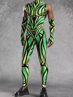 Mens Cyberpunk Bodysuit Optical Illusion Print Tattoo Jumpsuit