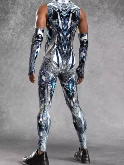 Mens Cyberpunk Bodysuit Optical Illusion Print Tattoo Jumpsuit