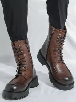 Mens Dress Boots Blunt Toe Chunky Sole Lace Up Formal Short Boots