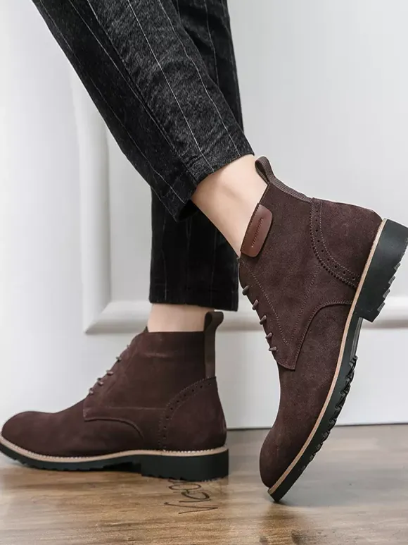 Mens Dress Boots Lace-Ups Suede Leather Non Slip Ankle Boots