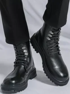 Mens Dress Boots Round-Toe Chunky Sole Lace-Up Formal Footwear