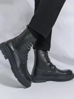 Mens Dress Boots Round-Toe Chunky Sole Lace-Up Formal Footwear
