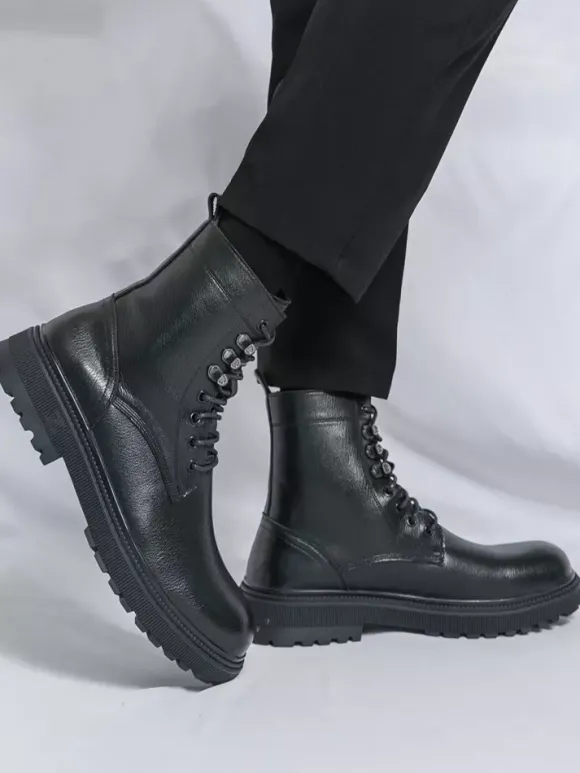 Mens Dress Boots Round-Toe Chunky Sole Lace-Up Formal Footwear