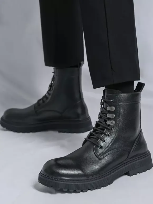 Mens Dress Boots Round-Toe Chunky Sole Lace-Up Formal Footwear