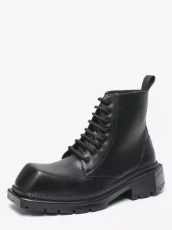 Mens Dress Boots Square-Toe Chunky Sole Lace-Up Boots In Pale Yellow