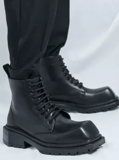Mens Dress Boots Square-Toe Chunky Sole Lace-Up Boots In Pale Yellow