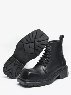 Mens Dress Boots Square-Toe Chunky Sole Lace-Up Boots In Pale Yellow