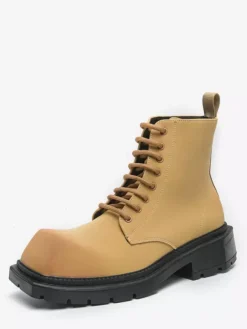 Mens Dress Boots Square-Toe Chunky Sole Lace-Up Boots In Pale Yellow