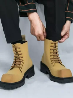 Mens Dress Boots Square-Toe Chunky Sole Lace-Up Boots In Pale Yellow