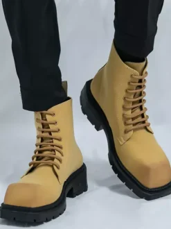 Mens Dress Boots Square-Toe Chunky Sole Lace-Up Boots In Pale Yellow