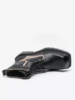 Mens Dress Boots Square-Toe Chunky Sole Lace-Up Leather Boots