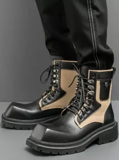 Mens Dress Boots Square-Toe Chunky Sole Lace-Up Leather Boots