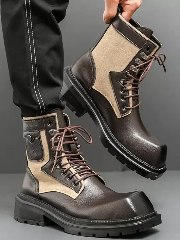 Mens Dress Boots Square-Toe Chunky Sole Lace-Up Leather Boots