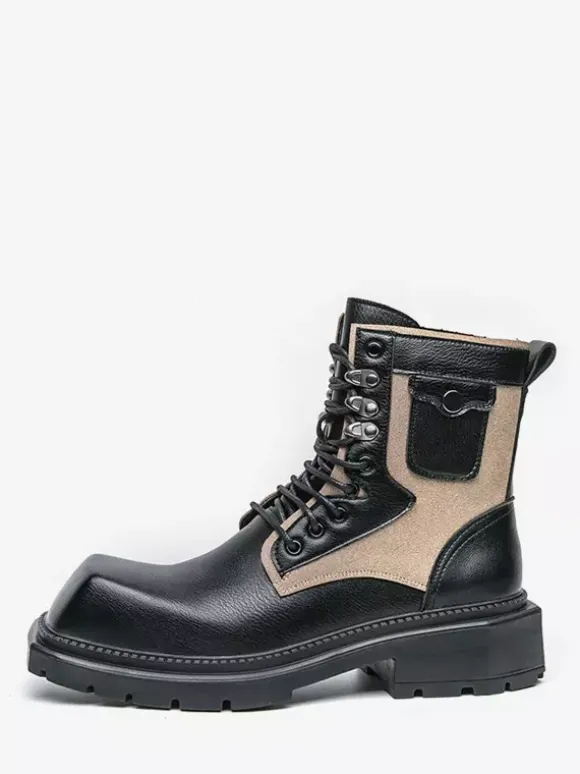Mens Dress Boots Square-Toe Chunky Sole Lace-Up Leather Boots