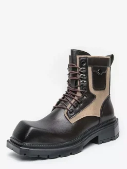 Mens Dress Boots Square-Toe Chunky Sole Lace-Up Leather Boots