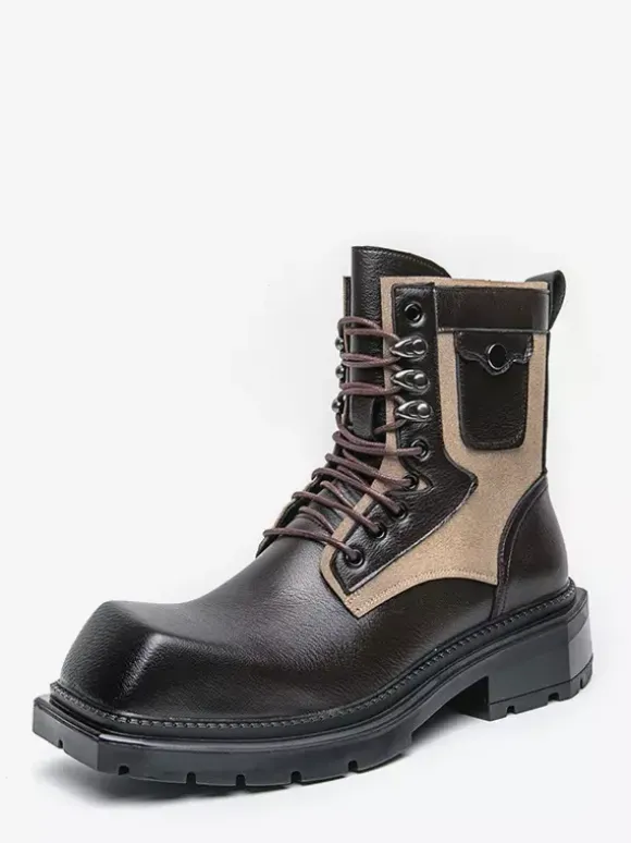 Mens Dress Boots Square-Toe Chunky Sole Lace-Up Leather Boots